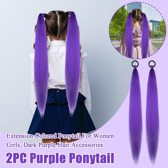 2 Pack Purple Ponytail Extension with Elastic Tie Straight Sleek Wrap Around Braid Ponytail 26 Inch