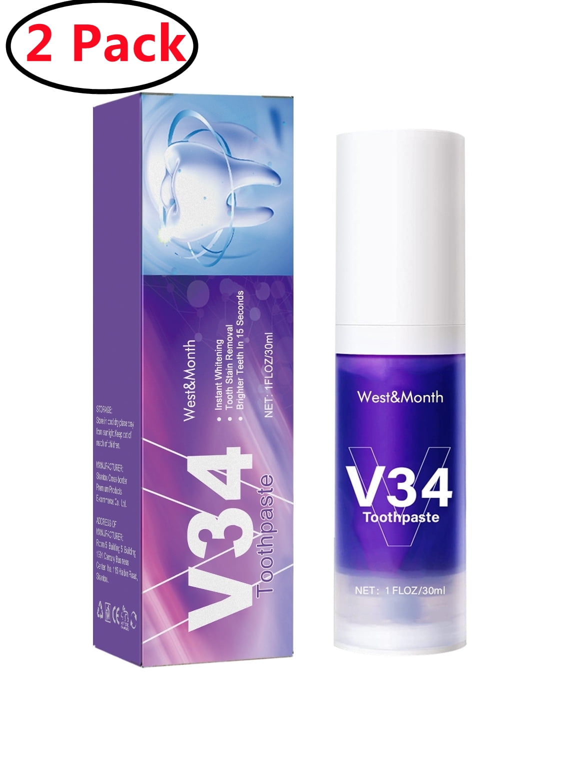 2 Pack Purple Whitening Toothpaste Colour Corrector, Mint Flavor