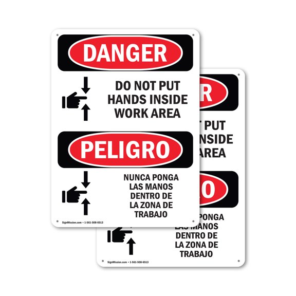 (2 Pack) Do Not Put Hands Inside Work Area Bilingual OSHA Danger Sign 7 Inch X 10 Inch Plastic Sign, Weather Resistant, UV Protected for Workplace, Business, and Construction Site, Made