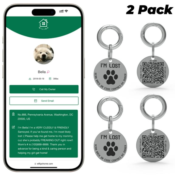 2 pack QR Code Smart Dog Tag with Customized Pet Profile & Location Alert – Stainless Steel Personalized Cat Name Tags