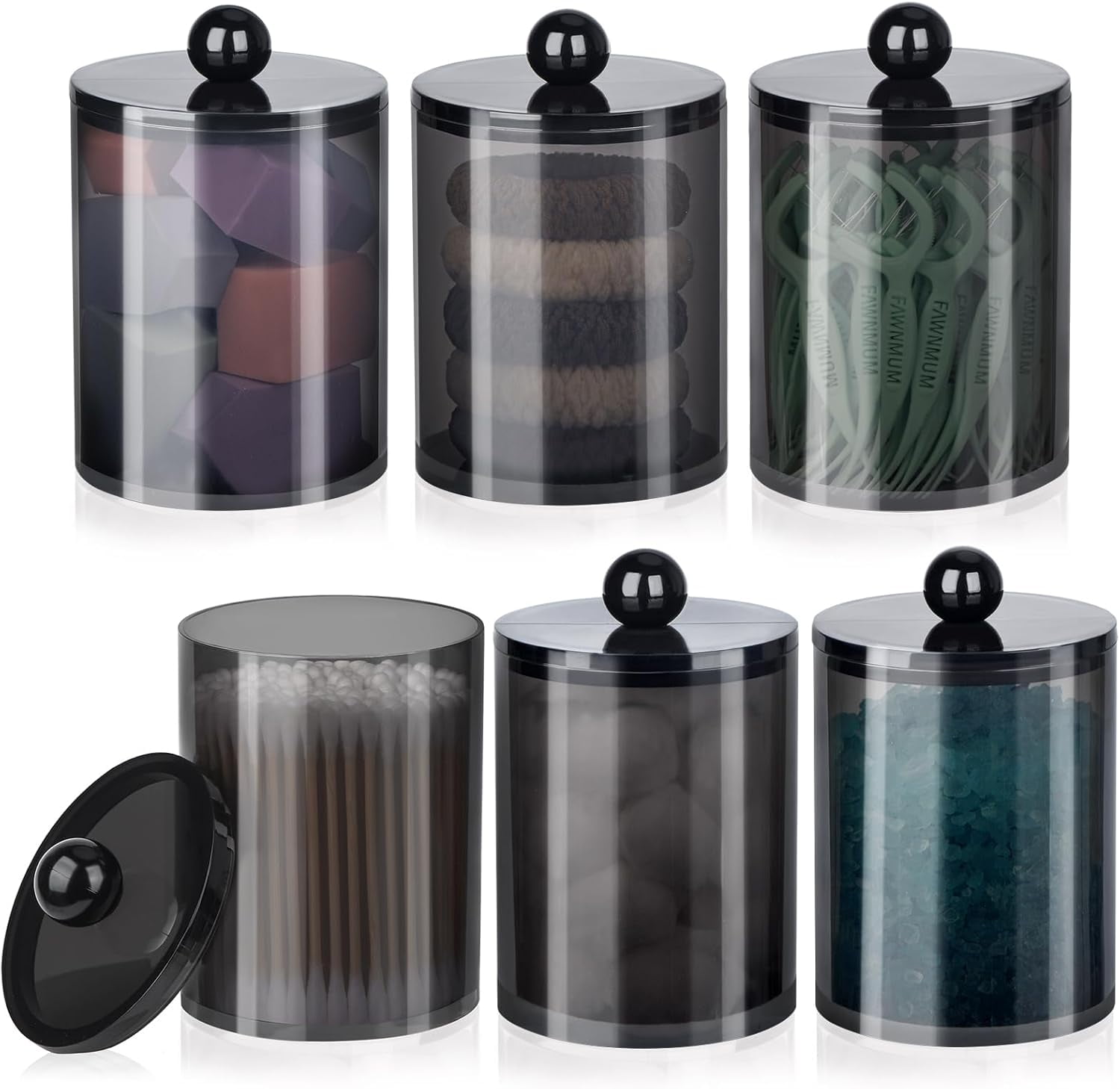2 Pack Qtip Holder,Canister Apothecary Jar Set, Bathroom Jars with Lids Set for Cotton Swabs, Balls, Pads, Floss Picks,10oz-12oz Plastic Canisters Restroom Bedroom Vanity Organizer(Black)