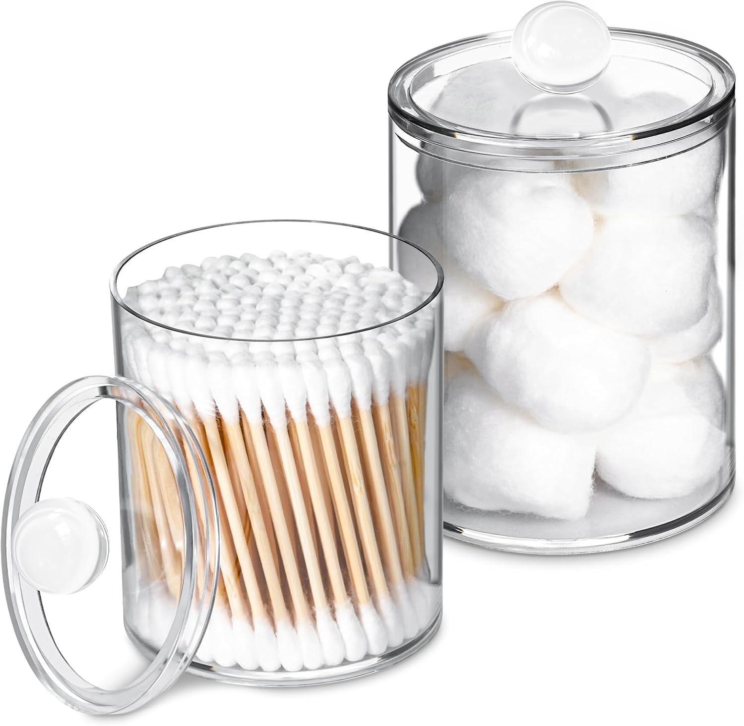 2 Pack Qtip Holder,Canister Apothecary Jar Set, Bathroom Jars with Lids Set for Cotton Swabs, Balls, Pads, Floss Picks,10oz-12oz Plastic Canisters Restroom Bedroom Vanity Organizer(Black)