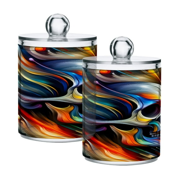 2 Pack Qtip Holder Dispenser Abstract Colorful Skull Head Clear Plastic Storage Apothecary Jars for Cotton Swabs Balls Pads Floss