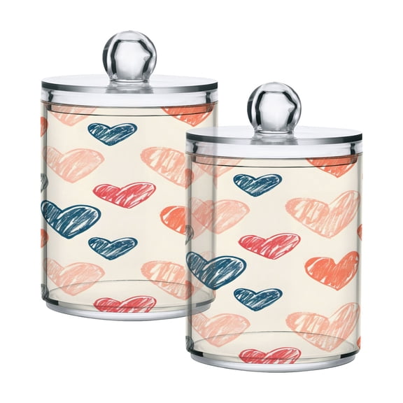 2 Pack Qtip Holder Dispenser Abstract Doodle Hearts Clear Plastic Storage Apothecary Jars for Cotton Swabs Balls Pads Floss