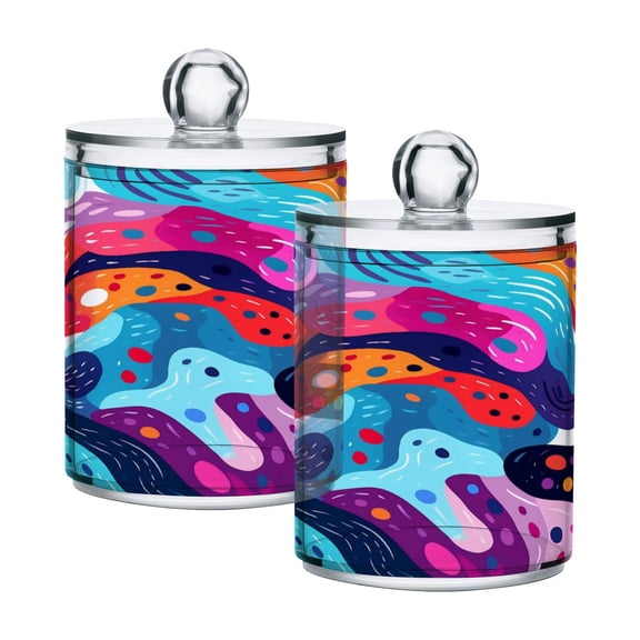 2 Pack Qtip Holder Dispenser Abstract Hand Drawn Doodle Clear Plastic Storage Apothecary Jars for Cotton Swabs Balls Pads Floss