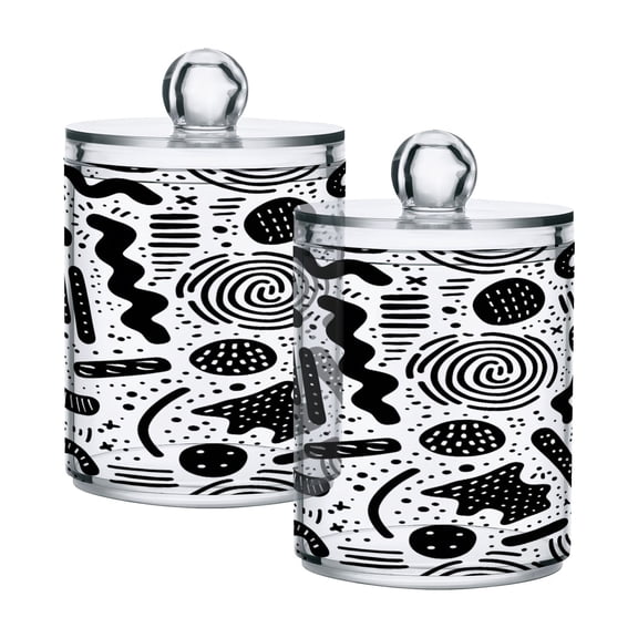 2 Pack Qtip Holder Dispenser Abstract Shapes and Doodles Clear Plastic Storage Apothecary Jars for Cotton Swabs Balls Pads Floss