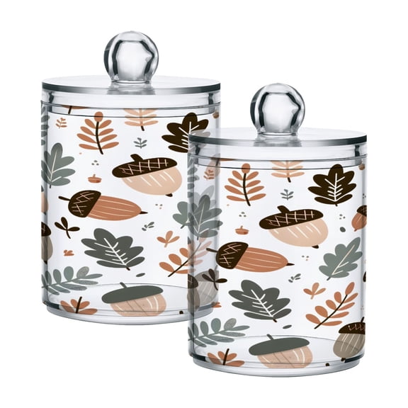 2 Pack Qtip Holder Dispenser Acorn and Leaves Clear Plastic Storage Apothecary Jars for Cotton Swabs Balls Pads Floss