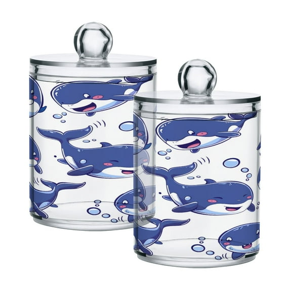 2 Pack Qtip Holder Dispenser Adorable Whales Clear Plastic Storage Apothecary Jars for Cotton Swabs Balls Pads Floss