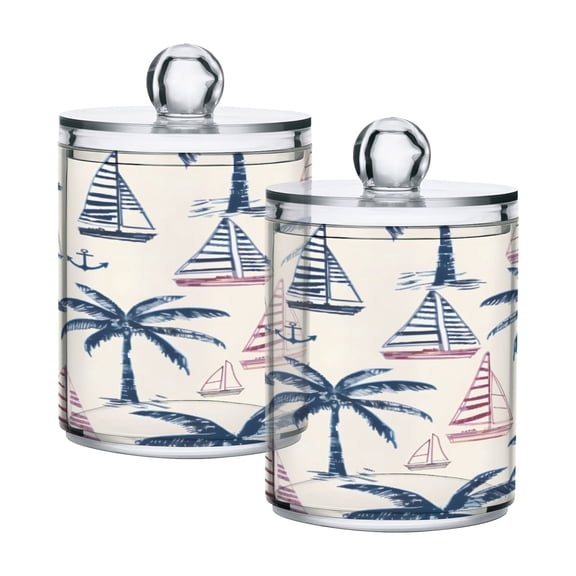2 Pack Qtip Holder Dispenser Anchor Palm Tree Ship Clear Plastic Storage Apothecary Jars for Cotton Swabs Balls Pads Floss