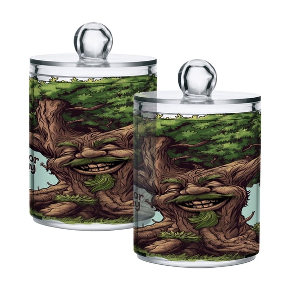 2 Pack Qtip Holder Dispenser Arbor Day Cartoon Tree Clear Plastic Storage Apothecary Jars for Cotton Swabs Balls Pads Floss