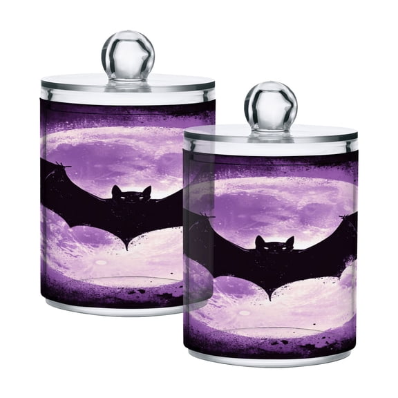 2 Pack Qtip Holder Dispenser Bat and Moon Clear Plastic Storage Apothecary Jars for Cotton Swabs Balls Pads Floss