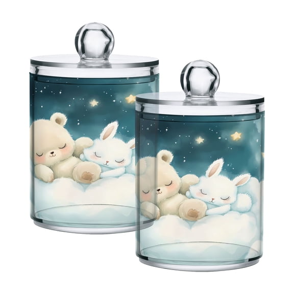 2 Pack Qtip Holder Dispenser Bear Rabbit Sleep on Cloud Clear Plastic Storage Apothecary Jars for Cotton Swabs Balls Pads Floss