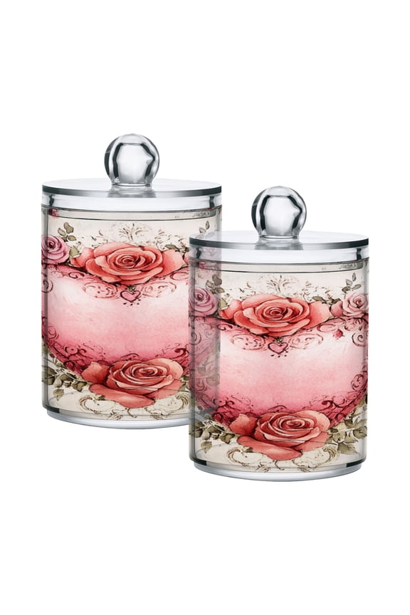 2 Pack Qtip Holder Dispenser Beautiful Pink Heart with Roses Clear Plastic Storage Apothecary Jars for Cotton Swabs Balls Pads Floss