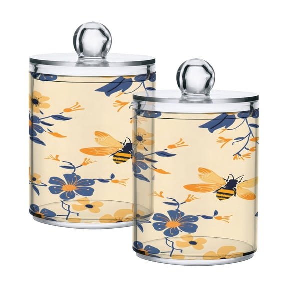 2 Pack Qtip Holder Dispenser Bee and Flower Clear Plastic Storage Apothecary Jars for Cotton Swabs Balls Pads Floss