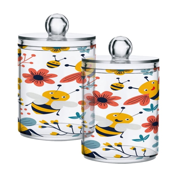 2 Pack Qtip Holder Dispenser Cartoon Bee with Plants Clear Plastic Storage Apothecary Jars for Cotton Swabs Balls Pads Floss