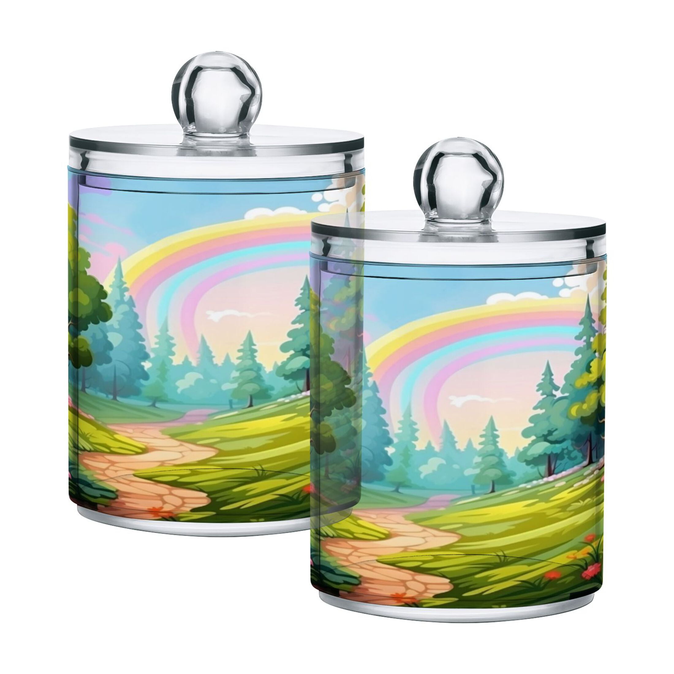 2 Pack Qtip Holder Dispenser Cartoon Forest and Rainbow Clear Plastic ...