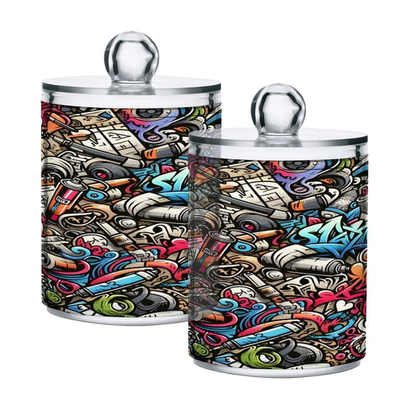 2 Pack Qtip Holder Dispenser Cartoon Graffiti Doodle Clear Plastic Storage Apothecary Jars for Cotton Swabs Balls Pads Floss