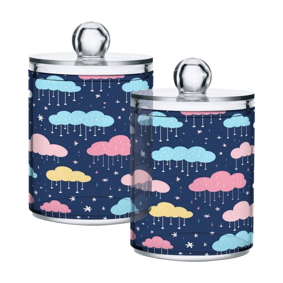 2 Pack Qtip Holder Dispenser Cartoon Raining Clouds Clear Plastic Storage Apothecary Jars for Cotton Swabs Balls Pads Floss