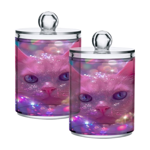 2 Pack Qtip Holder Dispenser Cat with Light Clear Plastic Storage Apothecary Jars for Cotton Swabs Balls Pads Floss