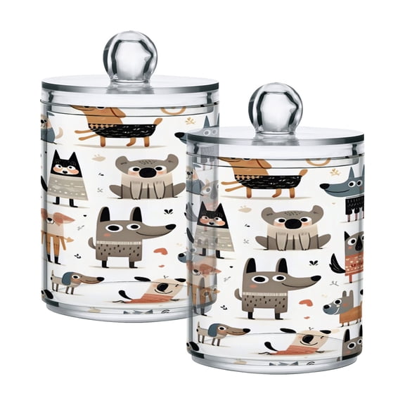 2 Pack Qtip Holder Dispenser Childish Funny Dogs Clear Plastic Storage Apothecary Jars for Cotton Swabs Balls Pads Floss