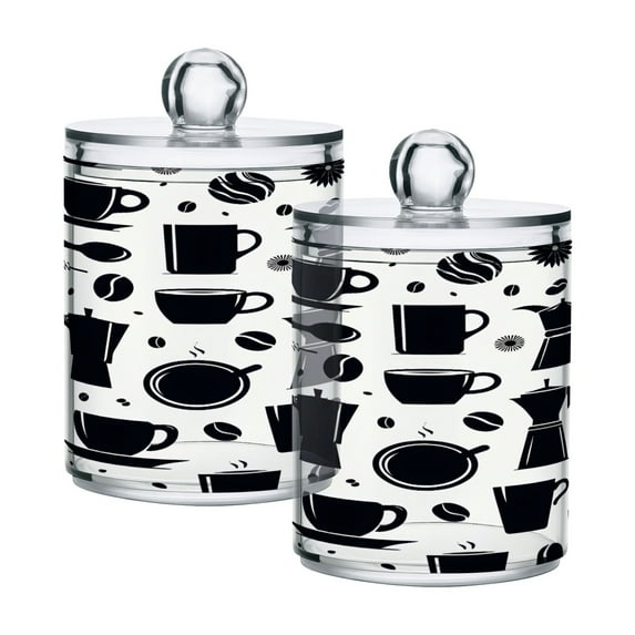 2 Pack Qtip Holder Dispenser Coffee Beans and Cups Silhouettes Clear Plastic Storage Apothecary Jars for Cotton Swabs Balls Pads Floss