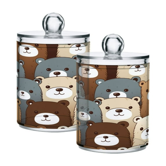 2 Pack Qtip Holder Dispenser Colorful Bear Head Clear Plastic Storage Apothecary Jars for Cotton Swabs Balls Pads Floss