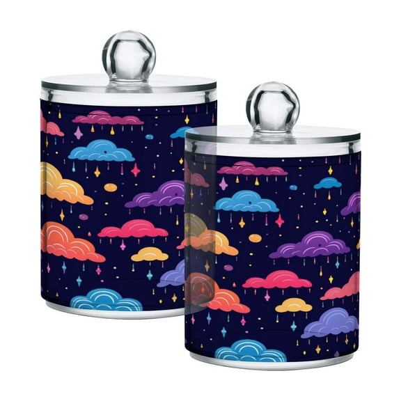 2 Pack Qtip Holder Dispenser Colorful Cartoon Clouds Clear Plastic Storage Apothecary Jars for Cotton Swabs Balls Pads Floss