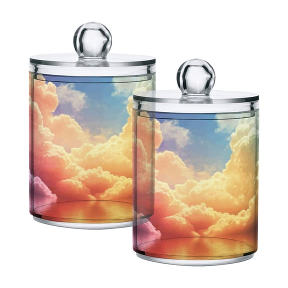 2 Pack Qtip Holder Dispenser Colorful Clouds on Sea Clear Plastic Storage Apothecary Jars for Cotton Swabs Balls Pads Floss