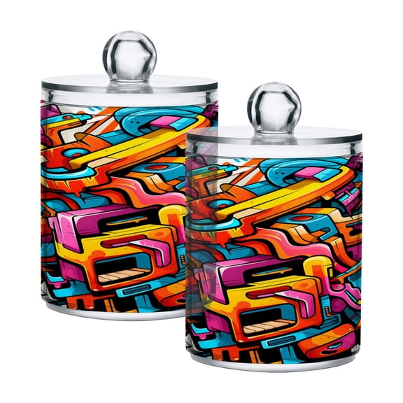 2 Pack Qtip Holder Dispenser Colorful Futuristic Graffiti Clear Plastic Storage Apothecary Jars for Cotton Swabs Balls Pads Floss