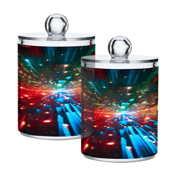 2 Pack Qtip Holder Dispenser Colorful Light Beams Clear Plastic Storage Apothecary Jars for Cotton Swabs Balls Pads Floss