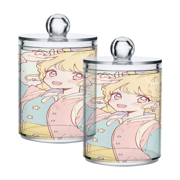2 Pack Qtip Holder Dispenser Cute Anime Schoolgirl Clear Plastic Storage Apothecary Jars for Cotton Swabs Balls Pads Floss