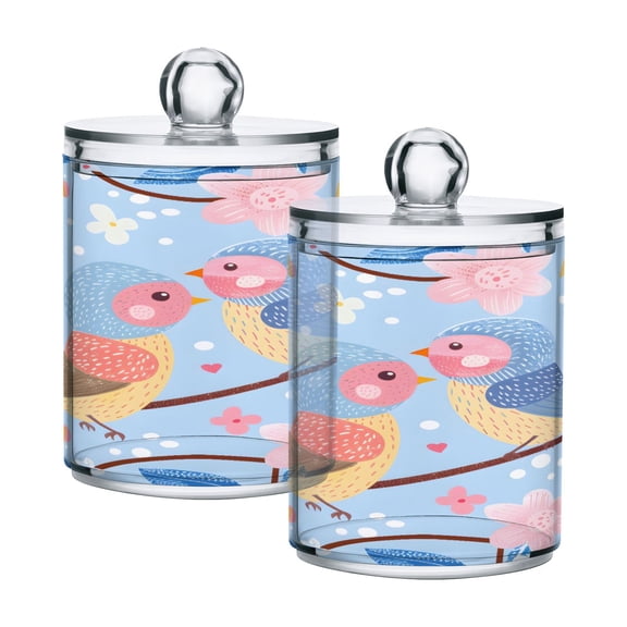 2 Pack Qtip Holder Dispenser Cute Birds Sitting Branch Clear Plastic Storage Apothecary Jars for Cotton Swabs Balls Pads Floss