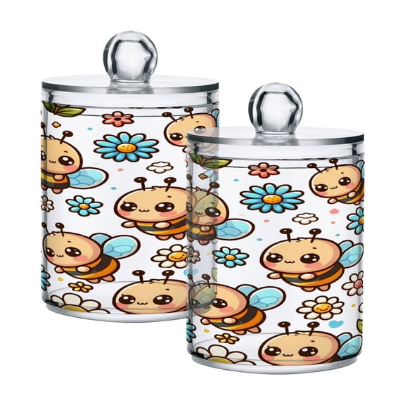2 Pack Qtip Holder Dispenser Cute Cartoon Bee Clear Plastic Storage Apothecary Jars for Cotton Swabs Balls Pads Floss