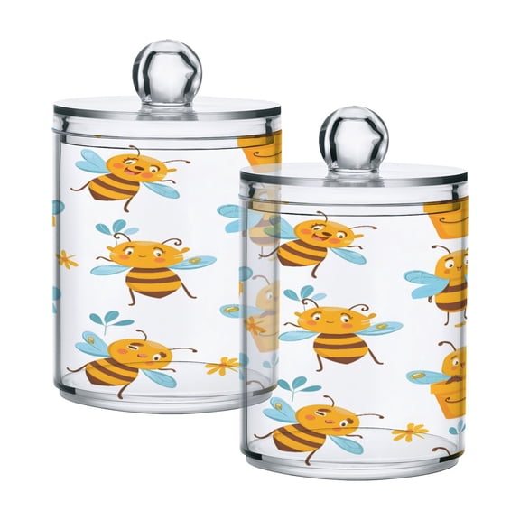 2 Pack Qtip Holder Dispenser Cute Cartoon Bees with Bucket Clear Plastic Storage Apothecary Jars for Cotton Swabs Balls Pads Floss