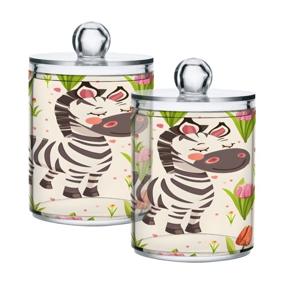 2 Pack Qtip Holder Dispenser Cute Cartoon Cheerful Zebra Clear Plastic Storage Apothecary Jars for Cotton Swabs Balls Pads Floss