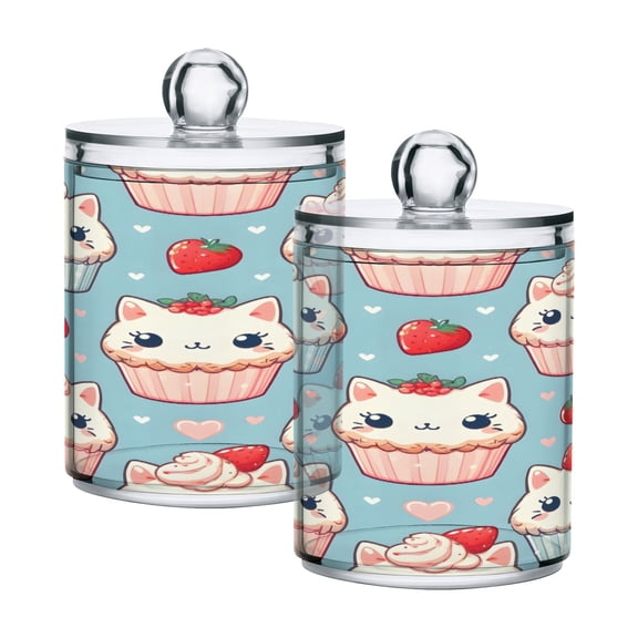 2 Pack Qtip Holder Dispenser Cute Cat in Cupcake Clear Plastic Storage Apothecary Jars for Cotton Swabs Balls Pads Floss