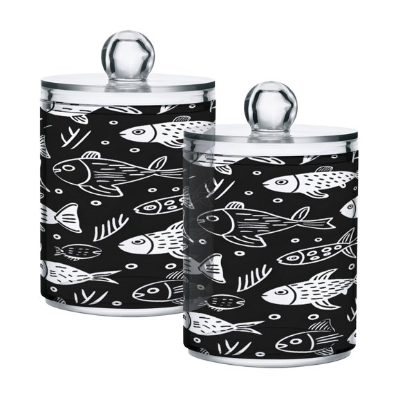 2 Pack Qtip Holder Dispenser Cute Doodle Fishes Clear Plastic Storage Apothecary Jars for Cotton Swabs Balls Pads Floss