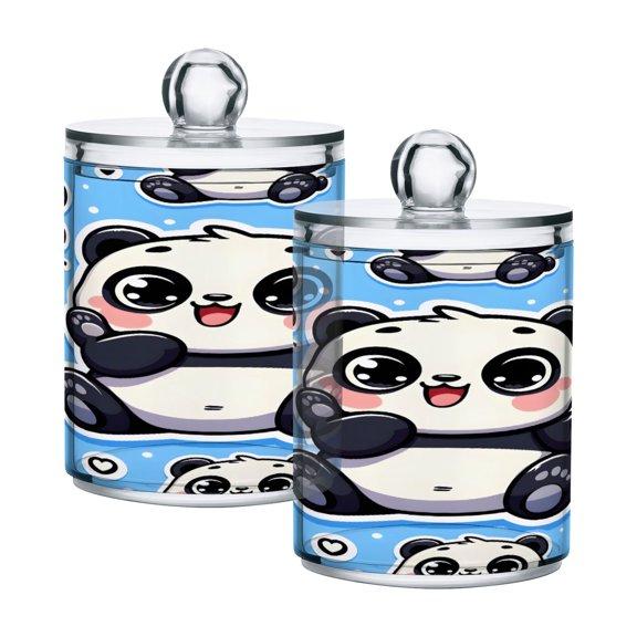 2 Pack Qtip Holder Dispenser Cute Fat Chubby Panda Clear Plastic Storage Apothecary Jars for Cotton Swabs Balls Pads Floss