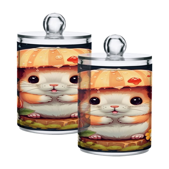 2 Pack Qtip Holder Dispenser Cute Hamster with Umbrella Clear Plastic Storage Apothecary Jars for Cotton Swabs Balls Pads Floss