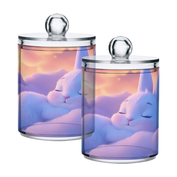 2 Pack Qtip Holder Dispenser Cute White Rabbit Sleep on Clouds Clear Plastic Storage Apothecary Jars for Cotton Swabs Balls Pads Floss