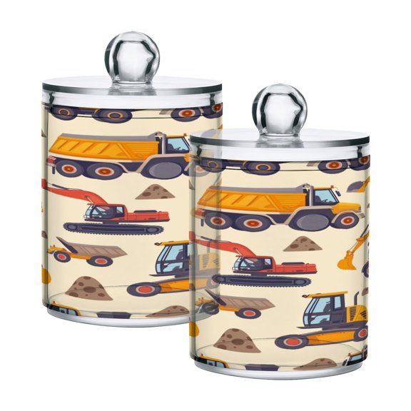 2 Pack Qtip Holder Dispenser Digger Excavator Truck Mound Clear Plastic Storage Apothecary Jars for Cotton Swabs Balls Pads Floss