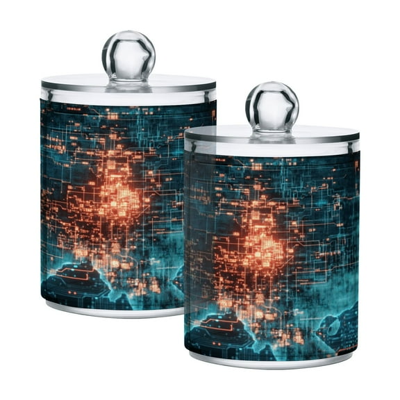 2 Pack Qtip Holder Dispenser Digital Map Clear Plastic Storage Apothecary Jars for Cotton Swabs Balls Pads Floss