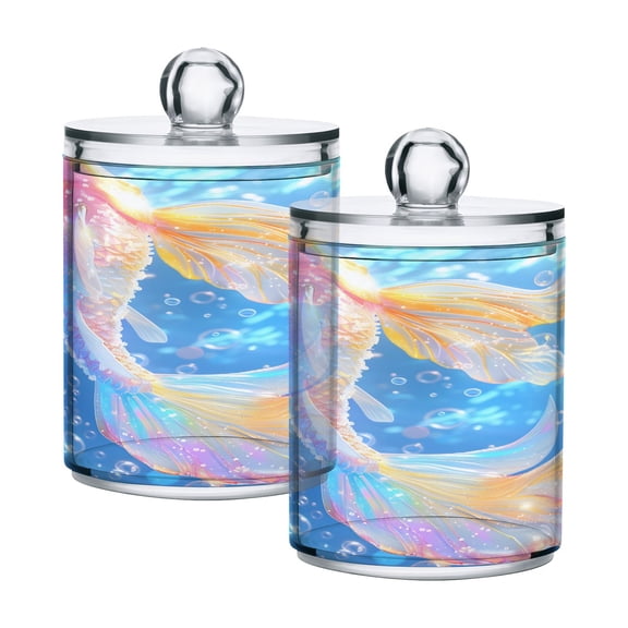 2 Pack Qtip Holder Dispenser Dreamy Fish Tail Clear Plastic Storage Apothecary Jars for Cotton Swabs Balls Pads Floss