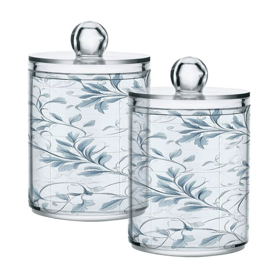 2 Pack Qtip Holder Dispenser Elegant Vintage Flower on Grid Clear Plastic Storage Apothecary Jars for Cotton Swabs Balls Pads Floss
