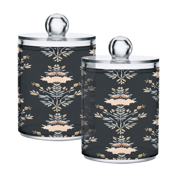2 Pack Qtip Holder Dispenser Elegant Vintage French Floral Clear Plastic Storage Apothecary Jars for Cotton Swabs Balls Pads Floss