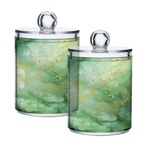 2 Pack Qtip Holder Dispenser Emerald Green and Gold Marble Clear Plastic Storage Apothecary Jars for Cotton Swabs Balls Pads Floss