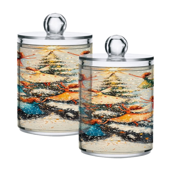2 Pack Qtip Holder Dispenser Fairies Fly Around Christmas Tree Clear Plastic Storage Apothecary Jars for Cotton Swabs Balls Pads Floss