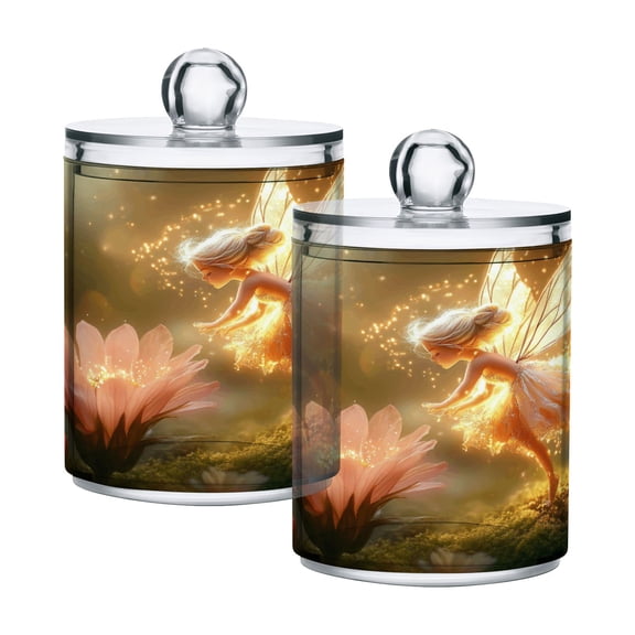 2 Pack Qtip Holder Dispenser Fairy Flying over Flowers Clear Plastic Storage Apothecary Jars for Cotton Swabs Balls Pads Floss