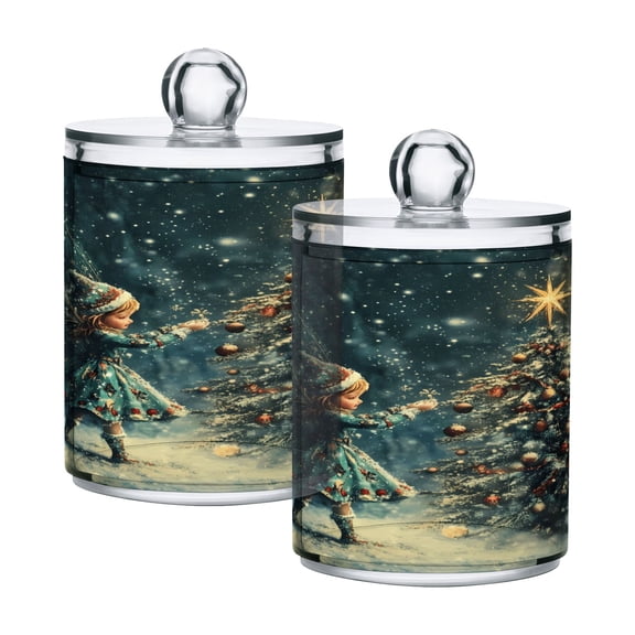 2 Pack Qtip Holder Dispenser Fairy and Christmas Tree Clear Plastic Storage Apothecary Jars for Cotton Swabs Balls Pads Floss