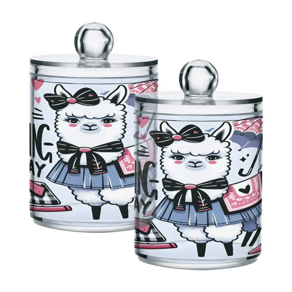 2 Pack Qtip Holder Dispenser Fashion Alpaca Clear Plastic Storage Apothecary Jars for Cotton Swabs Balls Pads Floss